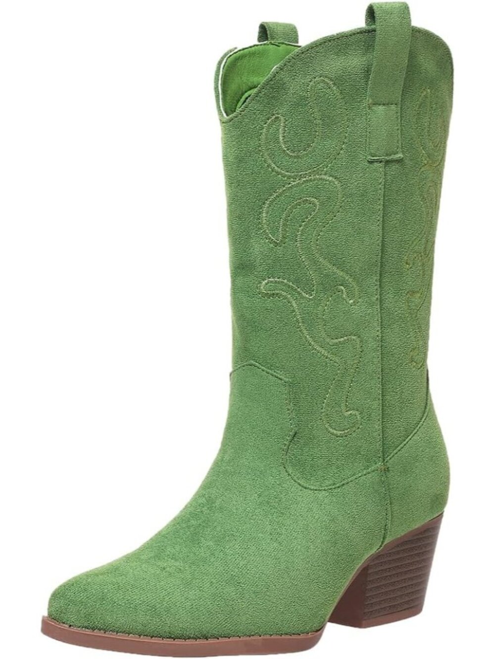 Women's Green Cowgirl Boots Mid Calf Chunky Heels Western Embroidered Concerts